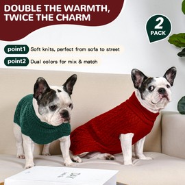 Lorehelina 2 Pack Dog Sweaters for Medium Dogs Winter Turtleneck Pullover Cable Knit Fleece Stretch Frenchie Dachshund Pug Corgi Beagle Boy Girl Pet Clothes (M, Red & Green)