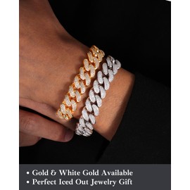LuxeFlex Cuban Link Bracelet for Men and Women, 8mm 14K Gold/White Gold Plated, 5A Zircon Iced Out Cuban Link Chain Bracelet Set, Diamond CZ Rapper Necklace, Miami Hip Hop Jewelry, 8 Inches, Brass