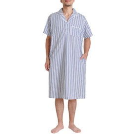 Latuza Men's Cotton Nightshirt Short Sleeve Nightgown with Pockets XXL Navy White Stripe