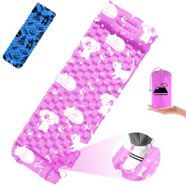 Inflatable Sleeping pad for Kids, Toddler and Youth | Air Mattress w Built-in Pump, 5’5” Ultralight Sleeping Mat with Pillow for Camping, Sleepovers & Travel | Airpad, Kids Cot, Camping Mattress -Pink