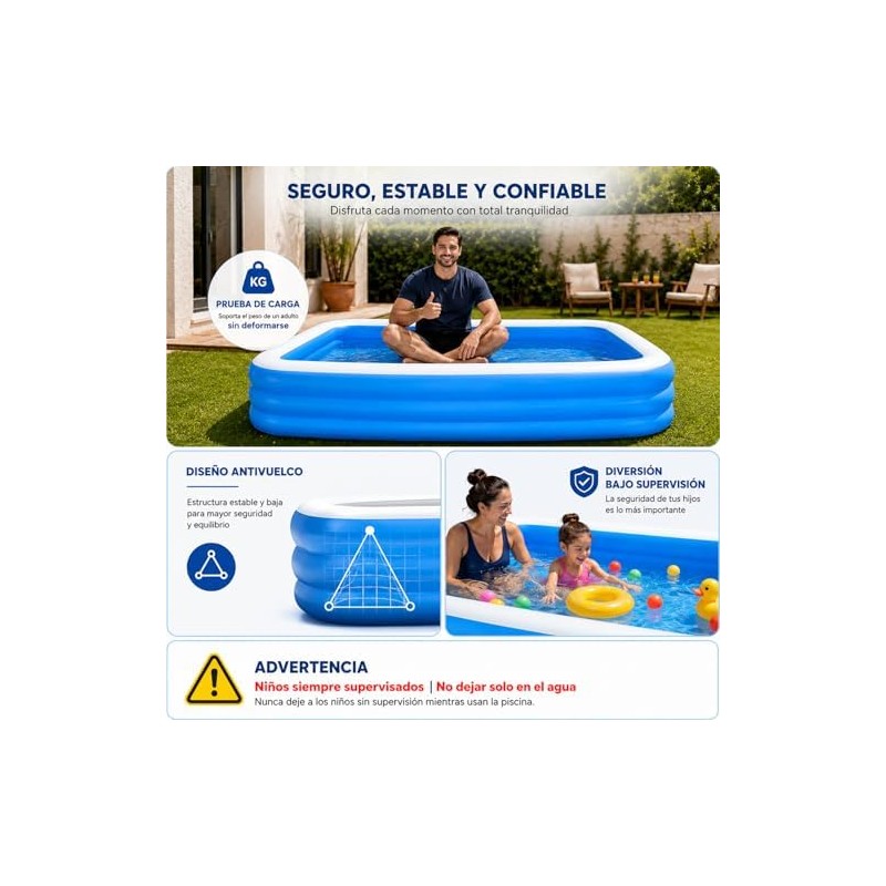 Alberca Inflable 262x175x50cm para Niños y Adultos, Piscina Rectangular Familiar
