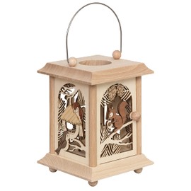 Drechslerei Kuhnert Table Lantern / Tea Light Holder – Squirrel with Birds Design Made of Fine Wood – Dimensions: 11.5 x 11.5 x 17 cm – Made in Germany