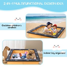 FAHKNS Wood Sandbox with Cover，DIY Raceable Race Track Seats，Sand Protection, Bottom Liner，Large Sand Pit for Kids Outdoor Recreation, Toy Storage, Flower Gardening