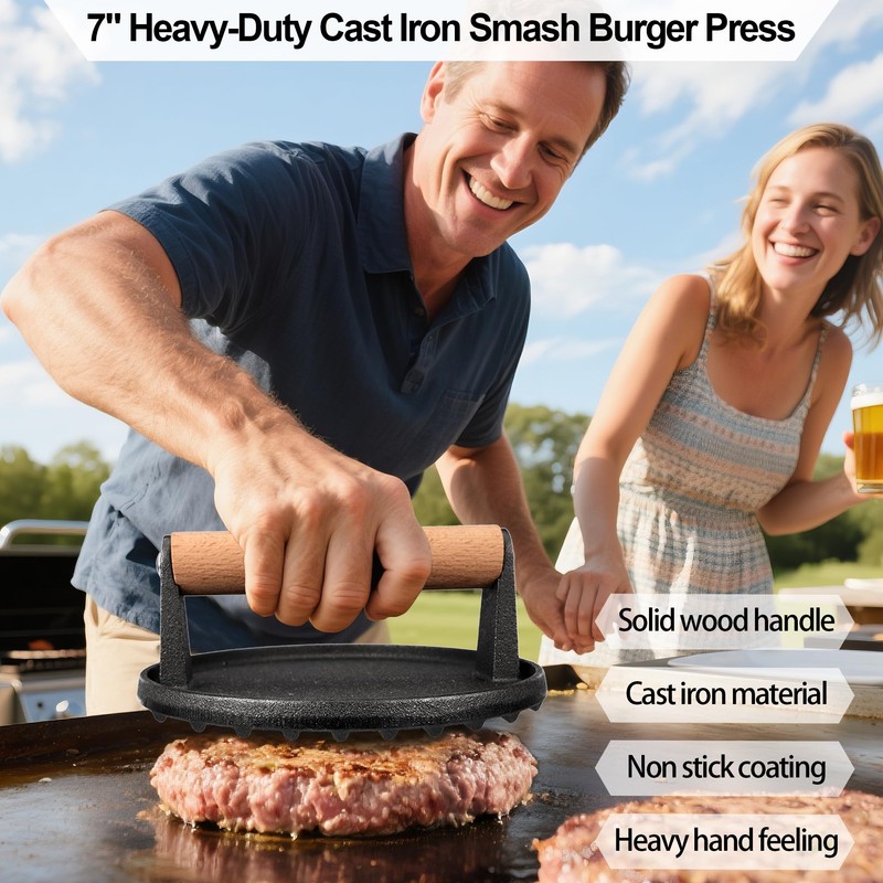 GPYG 7" Cast Iron Smash Burger Press, Hamburger Press Patty