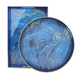 Leemxiiny Round Black Marbling Decorative Tray with Handles, 13" Morden Plastic Serving Tray for Coffee Table Bathroom, Ottoman, Home Decor