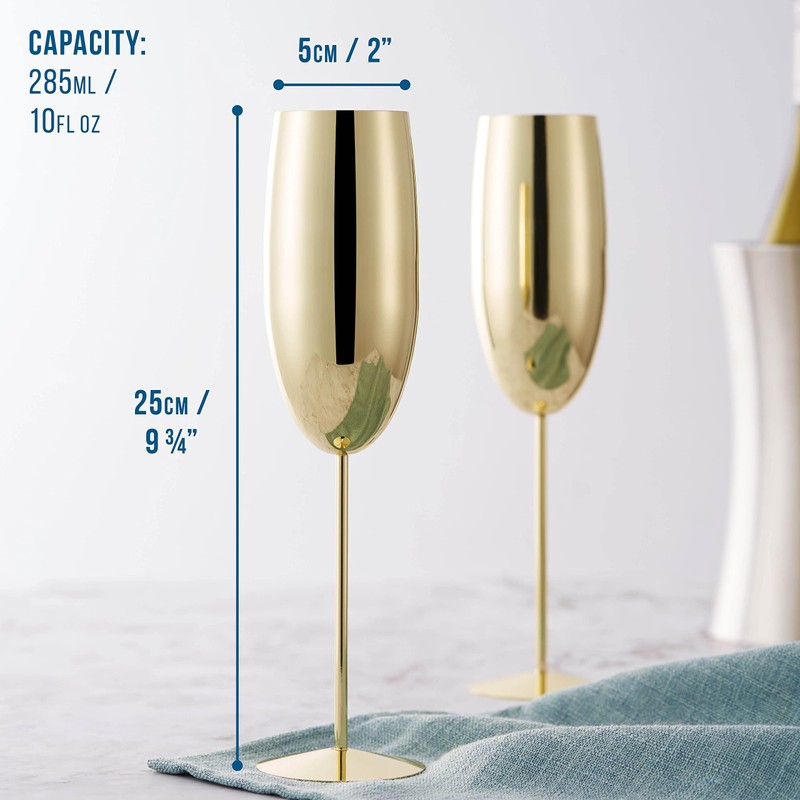 Oak & Steel 6 Gold Champagne Flutes, 280ml - Stainless