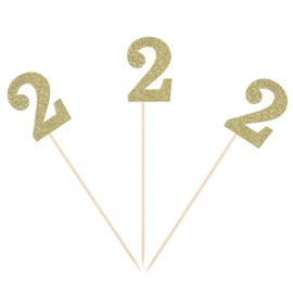 Second Birthday Centerpiece Sticks Gold Glitter Number 2 Party Table Toppers Flower Picks Anniversary Party Supplies - Pack of 10