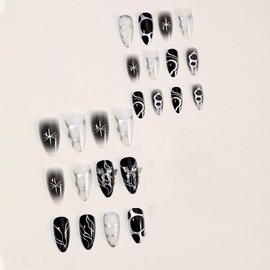 BABALAL Press on Nails Medium Almond Fake Nails Black Glue on Nails Supplies Goth Y2k Acrylic Nails with Butterfly Charm 24Pcs False Nails Glossy Stiletto Manicure Diy Artificial Nails for Women
