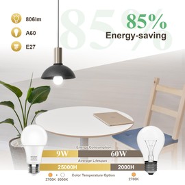 DiCUNO 9W E27 LED Bulb Replaces 60W, 5000K Cool White, 806lm, A60 Matt Edison Bulb, CRI 90, 220° Beam Angle, Flicker-Free, Non-Dimmable, 230V Energy Saving Bulb, Pack of 2