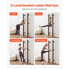 VEVOR Swedish Ladder Wall Gym, 9-Level Swedish Ladder Suspension Trainer, 330LBS Loading Solid Wood + Carbon Steel Gymnastics Stall Bars for Adult, Compatible with 3.15" x 3.15" Power Rack Accessories