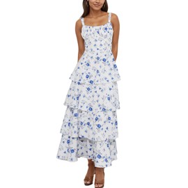 Floral Boho Dress Women Square Neck Strapped Swing A Line Summer Beach Backless Tiered Long Maxi Ruffle Dress Flower Blue XS
