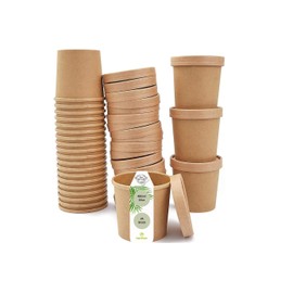DeinPack 25 Soup Cups to Go with Lids Brown 480 ml 16 oz I Compostable Cups with PLA Inner Coating Soup Cups to Go Cardboard I 25 Organic Disposable Cups with Lids Biodegradable