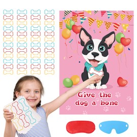 Fowecelt Pin The Bone on The Dog Party Game with 48 Pcs Bone, Blindfold, Poster & Adhesives for Kids' Dog Themed Birthday Party Supplies