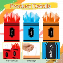 Geyoga 30 Pieces Crayon Gift Bags with Tissues 5.91x3.15 x8.27 Inch Crayon Paper Party Favor Bags Bulk with Handles Back to School Rainbow Treat Goodies for Graduation Birthday Party Favor Supplies