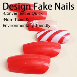 Christmas Press on Nails Medium Square Winter French Tip Fake Nails Red Full Cover White Snow False Nails with Designs Candy Cane Glossy Glue on Nails Acrylic Nails Artificial Nails for Women Girls