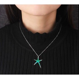 Jewellery Gift Set for Women - Starfish Nautical Beach Theme Design - Silver Plated Pendant Necklace with Green Fire Opal Enamel Inlay & Matching Drop Earrings - With Gift Box - (Green)