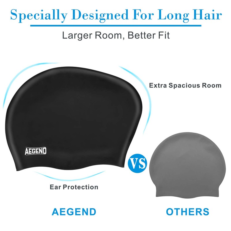 Aegend Swim Caps for Long Hair (2 Pack), Black Pink