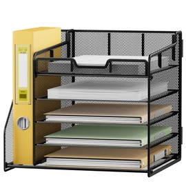 Lavatino Desk Organizer, 5-Tier Metal Mesh Paper Letter Tray with 1 File Holders & 7 Flexible Dividers for Office or Home Desk Organizers and Accessories, Keep Workspace Supplies Neat, Black