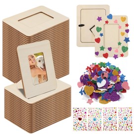 50 Pcs Wooden Picture Frames for Crafts, 2 x 3inch DIY Wood Photo Frame Bulk with Diamond and Foam Stickers for DIY Crafts, Small Unfinished Standing Photo Frame for Home Party Wedding Decor