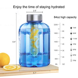 Half Gallon Water Bottle with Infuser, BPA Free 84oz Large Water Bottle Dishwasher Safe Hydration with Motivational Time Mark Leak-Proof 2.5L Sports Water Bottle for Camping Sports Workouts(Blue)