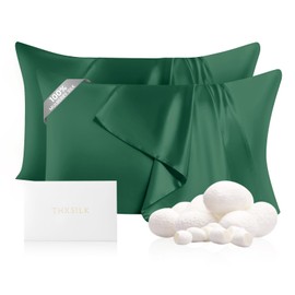 THXSILK Set of 2 100% Mulberry Silk Pillowcases for Hair and Skin Health, Hidden Zipper, 22 Momme, Both Sides Smooth, Breathable and Natural, Sleep Pillow Cases (Standard 20"x26", Emerald Green)