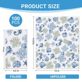 Livcoz 100 PCS Coastal Beach Paper Napkins, Coral Seahorse Conch Starfish Disposable Hand Towels Decorative Dinner Guest Napkins, Spring Summer Kitchen Bathroom Dinning Table Party Decor 8 x 4 Inches