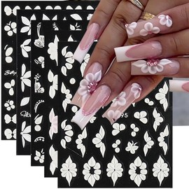 Flower Nail Art Stickers Decals 5D Embossed Petal Flower Nail Decals 5PCS White Floral Petals Design Summer Flowers Nails Adhesive Slider for Women DIY Nail Art Decorations Manicure Supplies