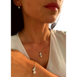 ONDEGO® 925 SILBER 3er zart Blatt Blätter PERLEN Set Zirkonia Strass Schmuck Kette Schmuckset Armband Kommunion Ball Abiball Hochzeit Brautschmuck