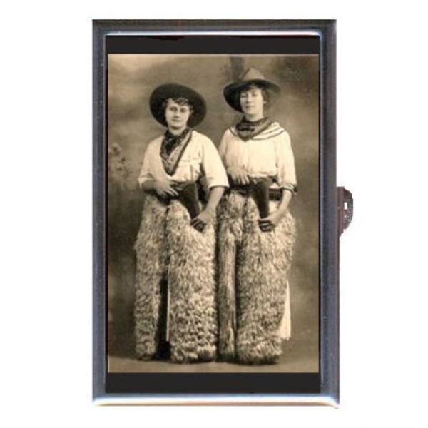 Two Cowgirls in Furry Chaps Western Antique Photograph ID or Cigarettes Case (King Size or 100mm)