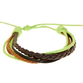 benerini Men's Dark Brown & Black Leather Strap Surf Wristband Bracelet with Bright Light Green & Dark Brown Coloured Cord - 78