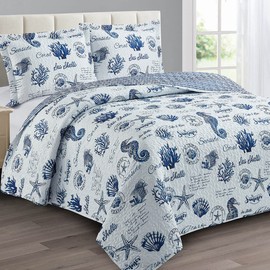 Royal Hotel Bedding Sea Shell Oversized Coverlet Set, Luxury Printed Design Quilt, Bedspread - Filled Quilts - Fits Pillow top Mattresses - 2PC Set - Twin/Twin-Extra-Long Size