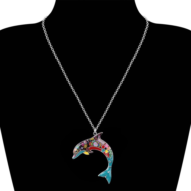 BONSNY Ocean Collection “BLUE” Statement Enamel Alloy Dolphin Necklace Pendant