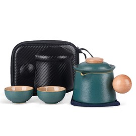 fanquare Travel Ceramic Tea Pot Set Chinese Tea Mug with Ball Handle, Infuser, 2 Small Cups and Portable Bag for Home Outdoor Trip, Cute Tea Service for Picnic, Green