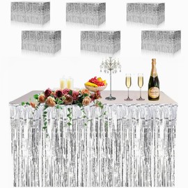 6 Pack Metallic Foil Fringe Tinsel Table Skirt, antfees 29.5''x108'' Disposable Party Table Skirt Banner for Rectangle Tables, Wedding, Birthday, Parade Floats, Party Decoration (Silver)