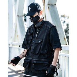 Niepce Inc Japanese Streetwear Techwear Men's Vest (US, Alpha, Medium, Regular, Regular, Standard, Black-v01)