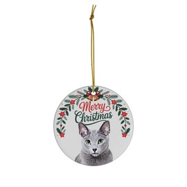 Funny Bluish Russian Blue Cat Christmas Ornament Ceramic Circle White - Merry Christmas 2025 Holiday Keepsake Decoration - Xmas Tree Hanging Decor Gifts for Cat Lovers