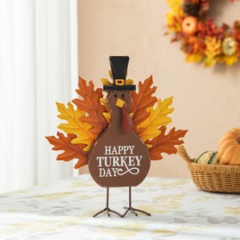 Glitzhome 12”H Thanksgiving Turkey Tabletop Decor Wooden Metal Turkey Table Decoration Decorative Happy Turkey Day Table Decor Indoor Fall Harvest Thanksgiving Home Decor