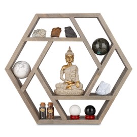 Venture Decor Crystal Display Shelf for Healing Stones and Zen Decor, Essential Oil Shelf for Chakra Decor, Tabletop or Floating Hexagon Shelves for Meditation, Buddha and Spiritual Decor