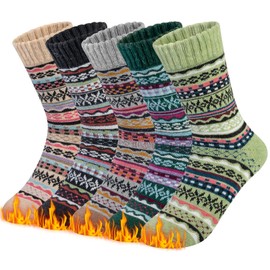 Aurmly Thermal Wool Womens Socks, Ladies Walking Winter Warm Thick Socks Comfy Breathable Cotton Cozy Socks for Women Outdoor Hiking Running Work Boot Socks 5 Pairs, UK4-8