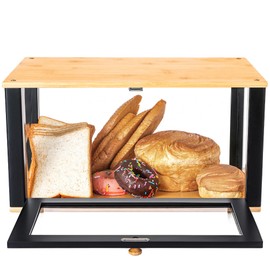 ETMI Bamboo Bread Box for Kitchen Countertop - Large Black Bread Box Pastry Display case(Classic style)