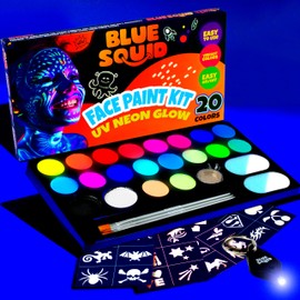 Blue Squid Face Painting Kit for Kids – UV Neon Glow Colors Ultimate Face Paint Kit, Stencils, Book - Safe for Sensitive Skin, Non Toxic Face Painting Kit Professional - Kids Party, Glow in the Dark