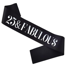 PANBINN 25 & Fabulous Birthday Sash, Silver Foil Black Satin '25 & Fabulous' Sash for Boy or Girl, 25th Birthday Party Decorations, Gifts, Favors