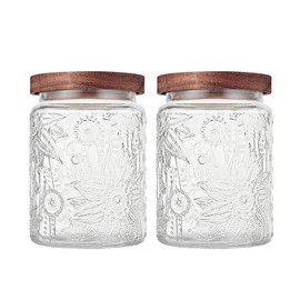 Custde Glass Storage Jars With Airtight Lid, 23.7oz Container For Kitchen Counter with Wooden Lid, brown sugar, candy, coffee, cookie, salt, tea, cute Jar (Sunflower*2)