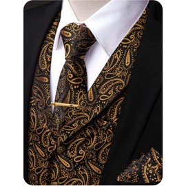 YourTies Mens Victorian Suit Vest Silk Paisley Black Gold Vests and Tie Pocket Square Set Gothic Steampunk Waistcoat Prom
