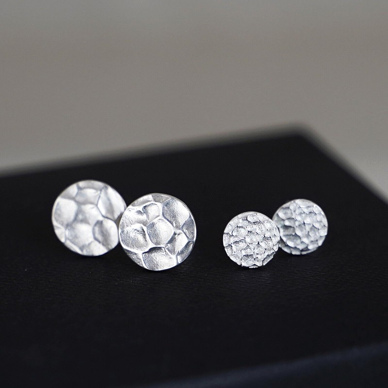 Sterling Silver Solid 10mm Hammered Round Circle Disc Dot Stud