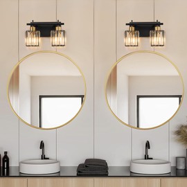 TinHon Modern Crystal Bathroom Vanity Light Fixture,Matte Black Crystal Bathroom Lighting Fixtures Over Mirror,2-Light Vanity Lights Vintage Bathroom Wall Light Fixtures