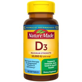 Nature Made Nature Made Maximum Strength Vitamin D3 10000 IU (250 mcg), Dietary Supplement for Bone, Teeth, Muscle and Immune Health Support, 60 Softgels, 60 Day Supply