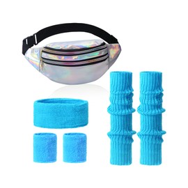 Clundoo 80s Outfit Women's Bum Bag Neon 90s 80s Outfit Women's Set with Bum Bag Women's Headband, Leg Warmers, Gloves for 80s 90s Costume Party Carnival (Blue)