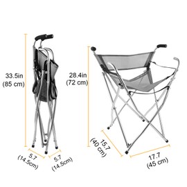 Freshore Walking Stick Chair Seat - Folding Camping Cane Portable Stool Heavy Duty Aids for Seniors (L Size Grey)