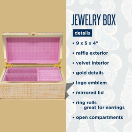 Lilly Pulitzer Jewelry Case Organizer, Raffia Jewelry Box for Women with Suede Interior, Cute Jewelry Organizer Holds Necklaces, Rings, Bracelets, Gold Raffia